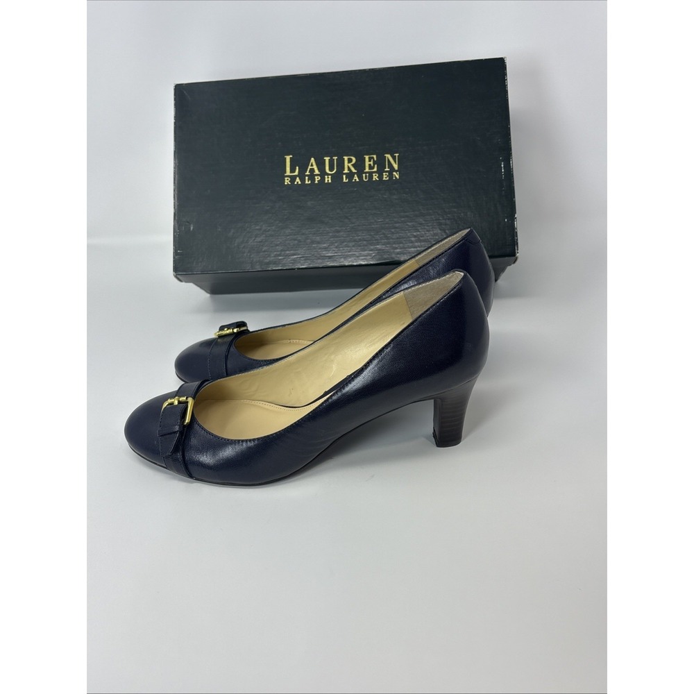 LAUREN Ralph Lauren Saffron Leather Classic Pumps, Blue, Mid-Block Heel Size 9B - Picture 3 of 16